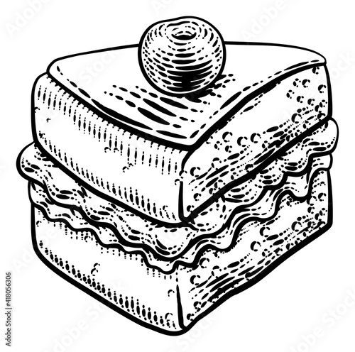Fotografia, Obraz A sponge slice cake with jam and cream illustration drawing in a woodcut retro etching style