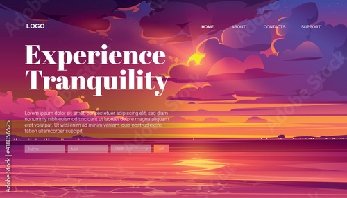 Travel banner of tranquility rest with cartoon landscape of sea sunset. Vector landing page of calm vacation on sea or lake shore with illustration of coastline and sky with clouds and evening sun