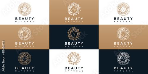 a logo with a beautiful natural facial line art style and a business card design. design concept for beauty salon, massage, cosmetics.spa