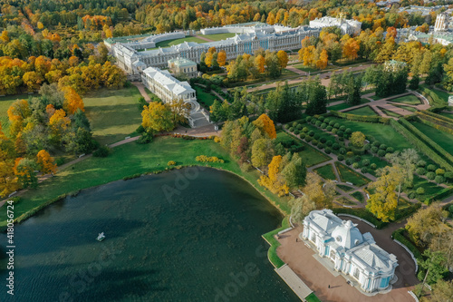 Aerial view of the Catherine Park with a large pond in Tsarskoe Selo. Pushkin. Catherine Palace. Pavilion Grotto. Russia, Pushkin, 09.09.2020