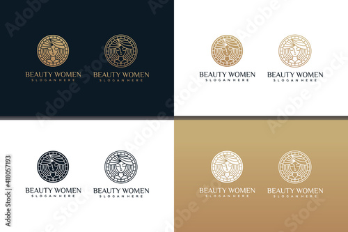 Set of beautiful women logo design templates with line art styles and business card designs