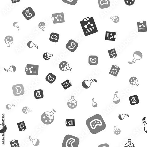 Set Chemistry report, Bacteria, Plant breeding and Test tube and flask on seamless pattern. Vector.