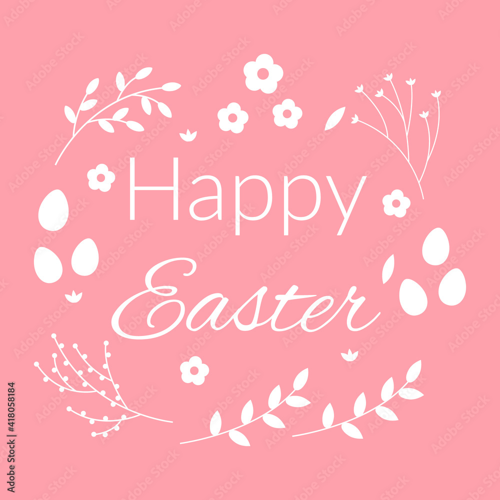 Happy Easter greeting card on pink background. Composition with Easter eggs and floral elements. Design layout for invitation, card, flyer, banner, poster, voucher. Spring season holiday background.