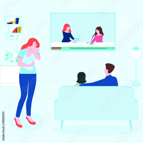 Fototapeta Naklejka Na Ścianę i Meble -  Vector Illustration Of Mother Holding Baby Son In Arms with a short story. Happy Mother`s Day.