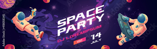 Space party cartoon flyers, invitation to music show with astronaut dj with turntable in open space, spaceman mixing techno sounds, cosmos, galaxy posters free drinks and parking Vector illustration