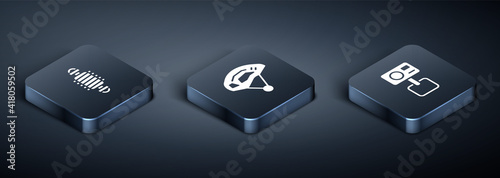 Set Isometric Bicycle suspension, Action extreme camera and helmet icon. Vector.