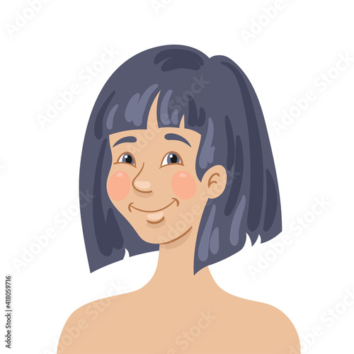 Portrait of a beautiful young smiling Asian girl. In cartoon style. Isolated on white background. Vector flat illustration