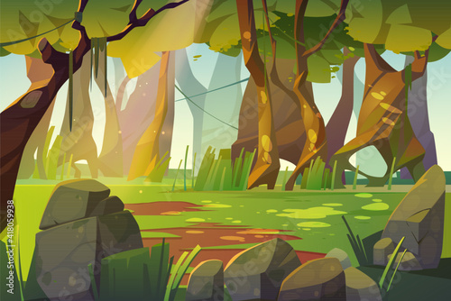 Summer forest glade with green grass. Scene of jungle, garden or natural park in daylight. Vector cartoon illustration of woods landscape with trees, lianas, stones and sunlight spots on grass