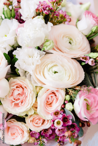 Floral background of ranunculus and roses for Valentine's Day, Women's Day and Mother's Day.