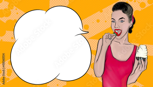 Cartoon woman rating strawberry with speech bubble background