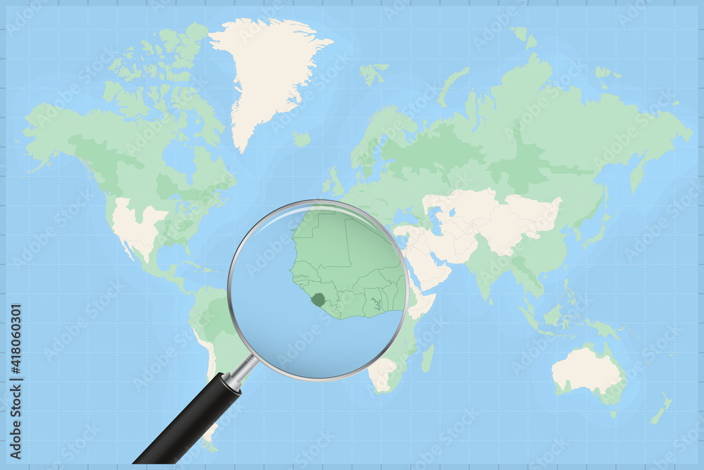 Map of the world with a magnifying glass on a map of Sierra Leone ...