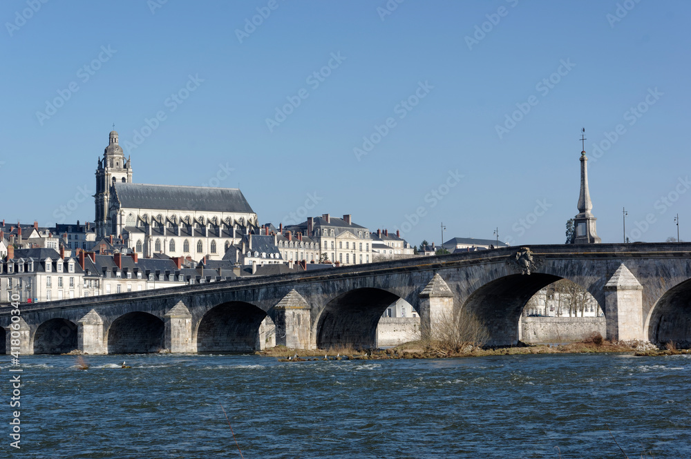  Saint Louis cathedral and Jacques-Gabriel Blois old Bridge in Blois city 