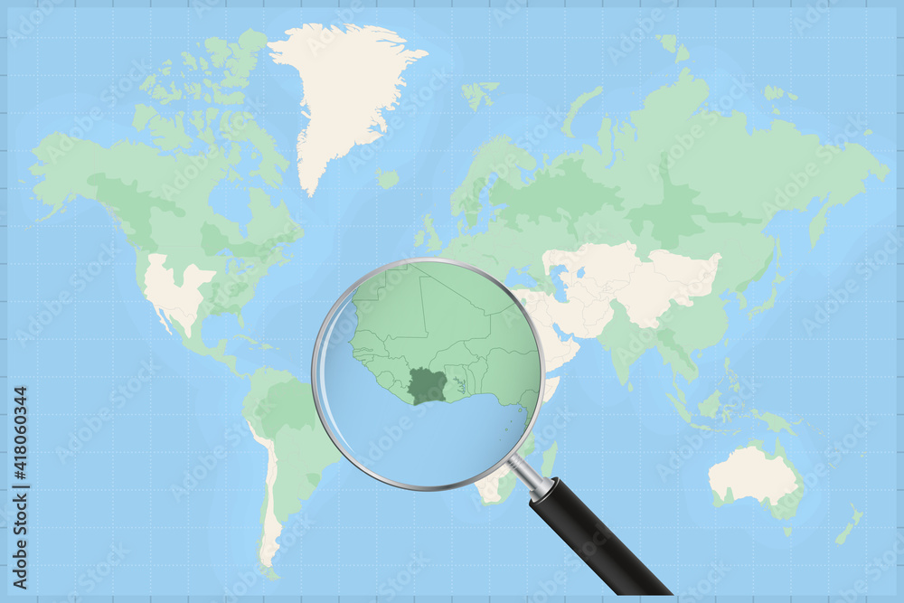 Map of the world with a magnifying glass on a map of Ivory Coast. Map of the world with a magnifying glass on a map of Ivory Coast.