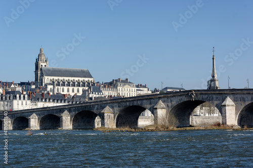  Saint Louis cathedral and Jacques-Gabriel Blois old Bridge in Blois city 