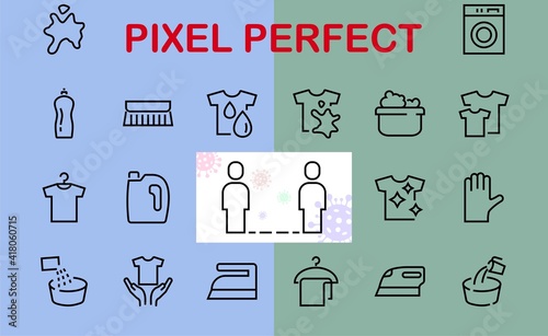 Simple set of washing related vector line Icons. Contains icons such as washing machine, powder, laundry, dirty t-shirt and much more. On a white background, editable stroke. 48x48 pixels perfect