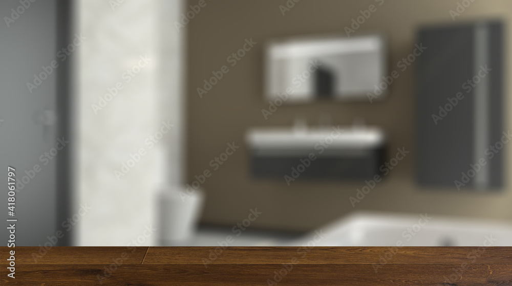 Background with empty table. Flooring. Spacious bathroom in gray tones with heated floors, freestanding Background with empty table. Flooring. Spacious bathroom in gray tones with heated floors, freestanding