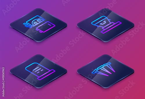 Set Isometric line Crematorium, Grave with tombstone, Coffin and Metallic nails. Blue square button. Vector.