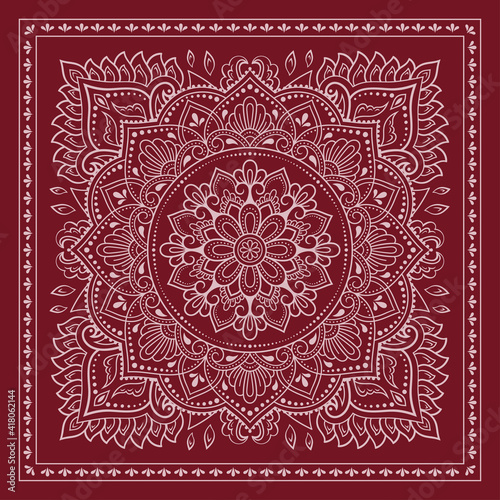 Decorative pattern of flowers and paisley for printing on fabric. Red ornament for a bandana, a silk neckerchief, a tablecloth or a kerchief. Square sketch in tribal or oriental style.