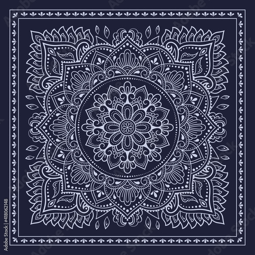 Decorative pattern of flowers and paisley for printing on fabric. Blue ornament for a bandana, a silk neckerchief, a tablecloth or a kerchief. Square sketch in tribal or oriental style.