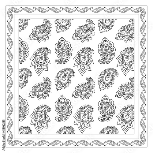 Decorative pattern of flowers and paisley for printing on fabric. Ornament for a bandana, a silk neckerchief, a tablecloth or a kerchief. Square sketch in tribal or oriental style.