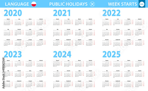 Calendar in Polish language for year 2020, 2021, 2022, 2023, 2024, 2025. Week starts from Monday.