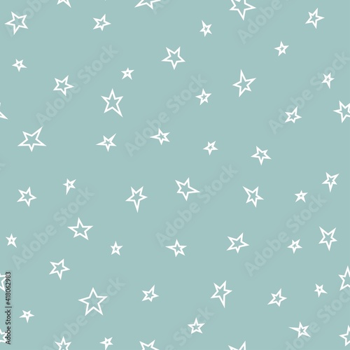 Seamless abstract pattern with white hand drawn stars of different rotation and size. Light green blue