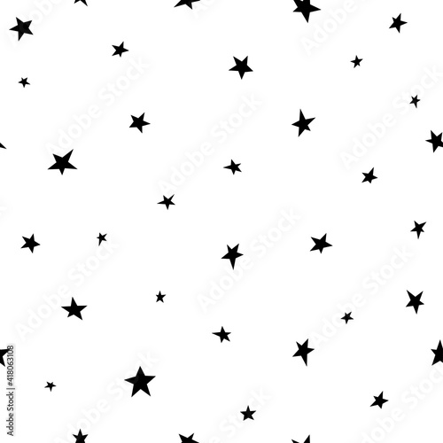 Seamless abstract pattern with black hand drawn shabby stars on white background.