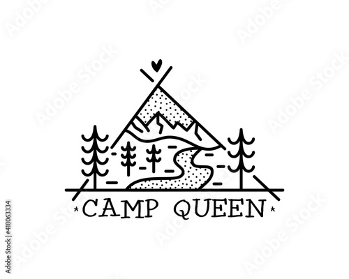 Camping adventure badge design. Outdoor crest logo with quote - Camp queen. Travel silhouette label isolated. Sacred geometry. Stock vector tattoo graphics emblem