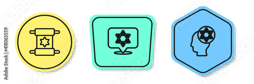 Set line Torah scroll, Star of David and Orthodox jewish hat. Colored shapes. Vector.