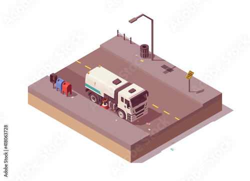 Isometric street sweeper truck cleaning the road. Vector illustration