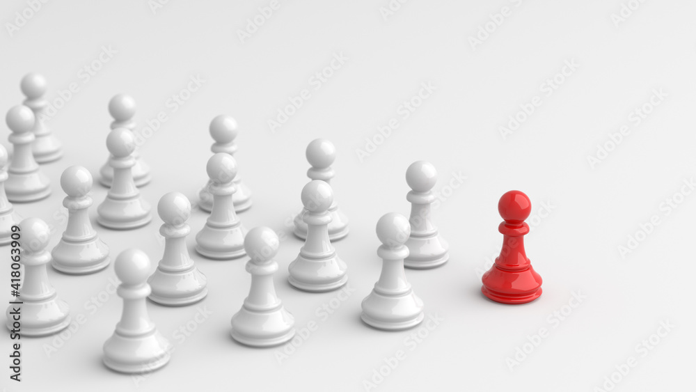 Leadership concept, red pawn of chess, standing out from the crowd of white pawns, on white background. 3D Rendering Leadership concept, red pawn of chess, standing out from the crowd of white pawns, on white background. 3D Rendering