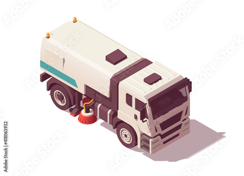 Isometric street sweeper cleaner truck. Vector illustration