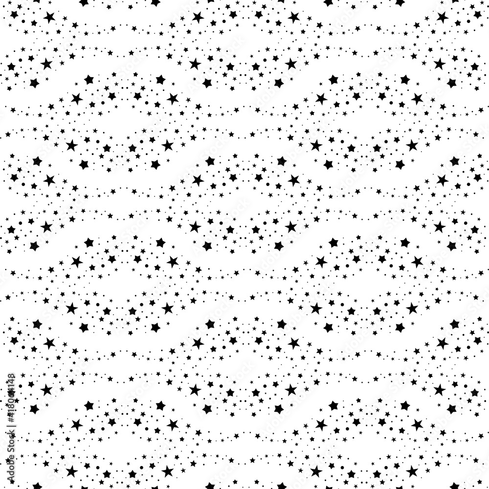 Seamless cute pattern of falling black stars with trace on white background.