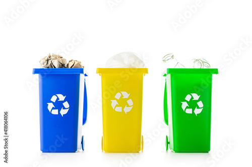 Bin collection. Yellow, green, blue dustbin for recycle plastic, paper and glass can trash isolated on white background. Container for disposal garbage waste and save environment.