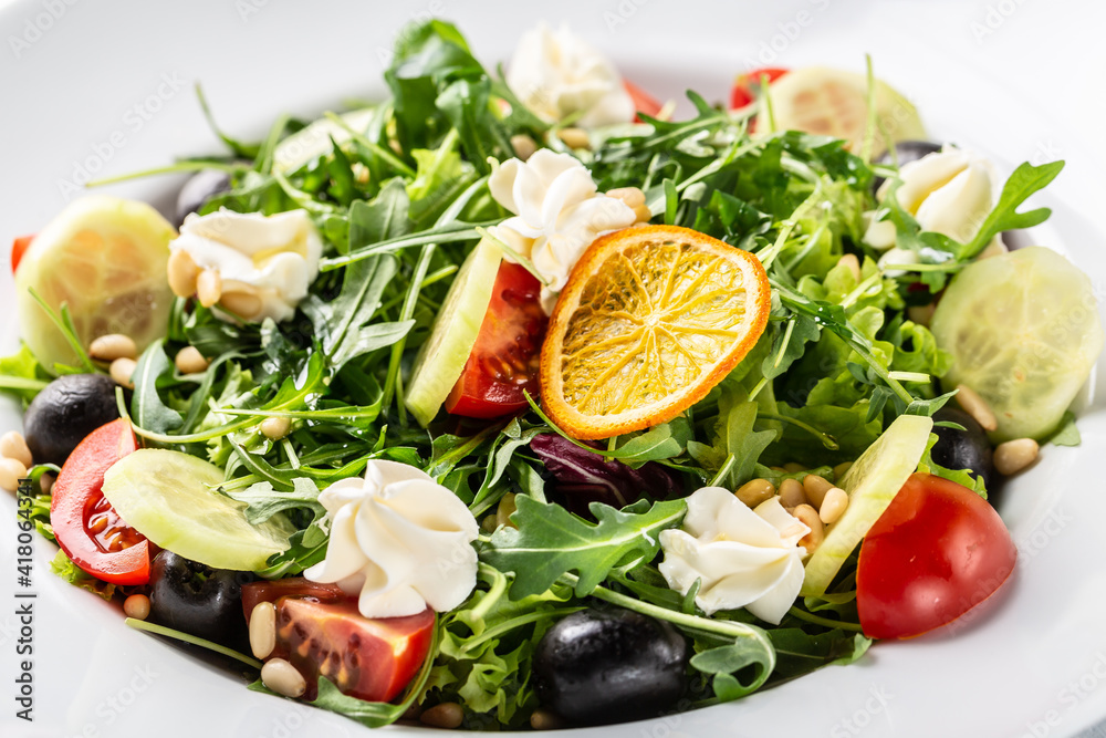 Greek salad with arugula, cream cheese, pine nuts, tomato, black olives and cucumber. healthy vegan lunch bowl. Food recipe background. Close up Greek salad with arugula, cream cheese, pine nuts, tomato, black olives and cucumber. healthy vegan lunch bowl. Food recipe background. Close up