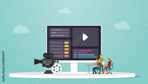 motion design concept with people designer and computer screen with modern flat style