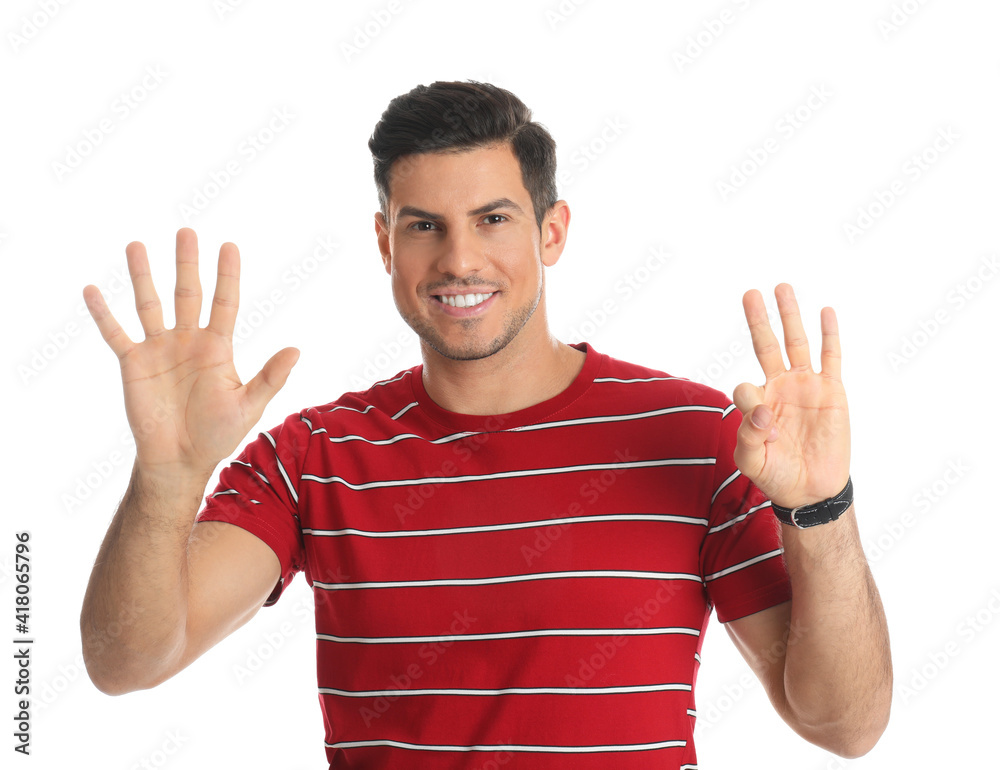 Man showing number eight with his hands on white background Man showing number eight with his hands on white background