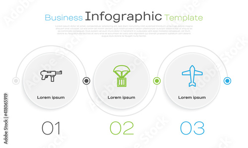 Set line Submachine gun M3, Airdrop box and Jet fighter. Business infographic template. Vector.