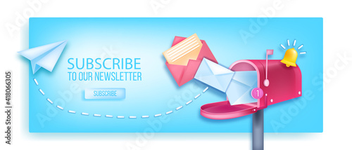 Subscribe to our newsletter vector 3D banner, open mailbox, paper airplane, notification bell, envelopes. Internet marketing, online business web page concept, button. Subscribe newsletter background