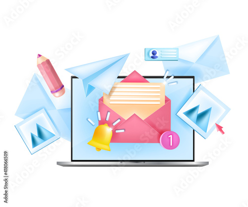 Subscribe to monthly newsletter vector internet business isolated concept, laptop, home workplace. Online marketing 3D illustration, notification bell, open envelopes. Subscribe newsletter web design