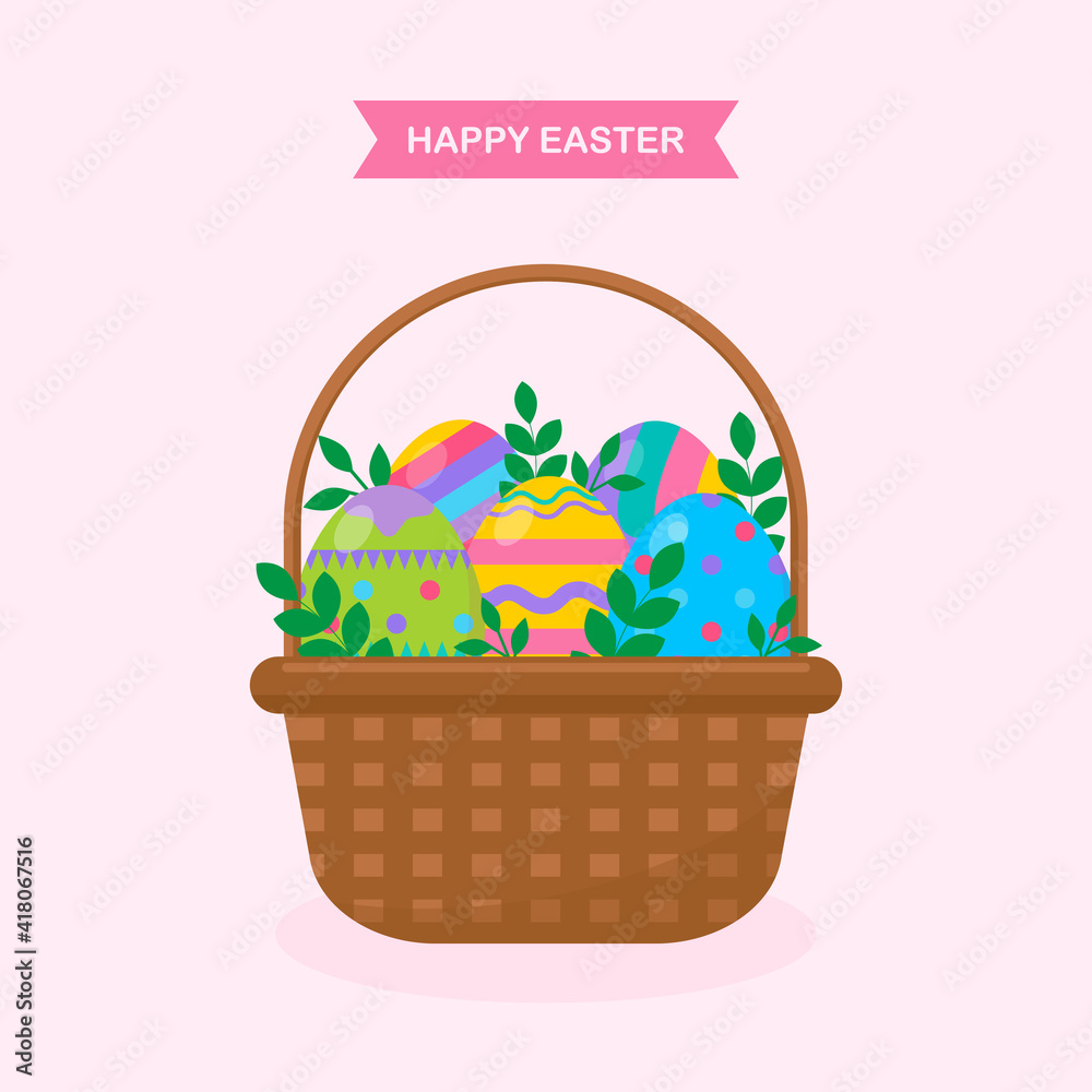 This is a flat easter illustration. There are easter eggs in the basket. This is a flat easter illustration. There are easter eggs in the basket.