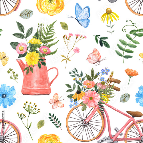 Colorful floral seamless pattern. Watercolor pink bicycle, flowerpot with bou...