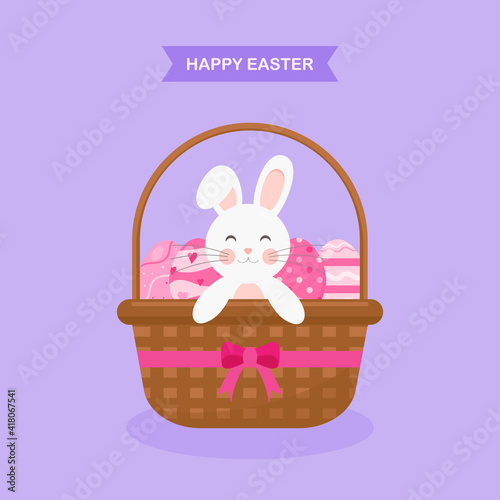 This is a flat easter illustration. There are bunny and easter eggs in the basket.