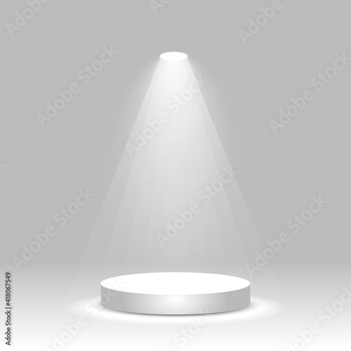 Realistic white round podium illuminated by spotlight. Empty winner stage, product pedestal, exhibition platform. Vector illustration.