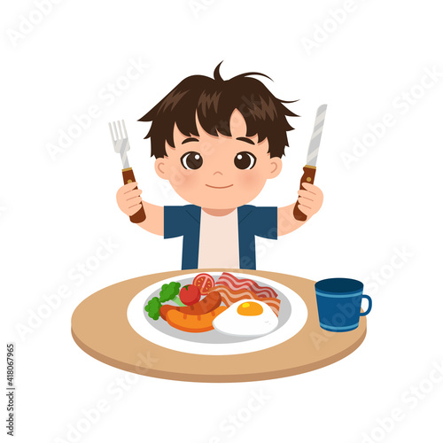 Cute boy holding knife and fork to eat breakfast set. Flat vector cartoon isolated
