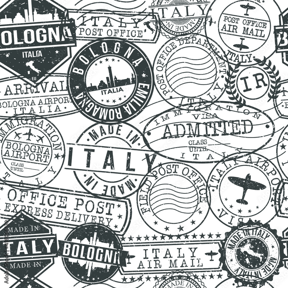 Bologna Italy Stamps Background. City Stamp Vector Art. Postal Passport Travel. Design Set Pattern.