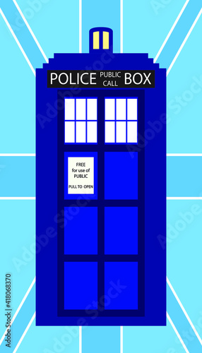 Police public call box on blue british flag background.