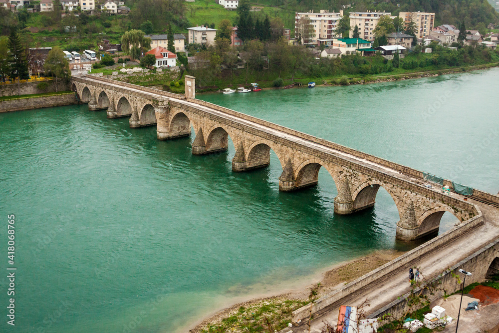 Bosnia and Herzegovina - Republic Srpska - Visegrad - Famous old bridge over river Drina, UNESCO world heritage site and tourist attraction