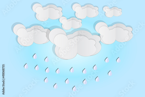 Cloud and rain on blue background. Origami rainy season. Storm weather concept with falling water drops from cloudy sky. Paper cut and craft style. Overcast sky. Weather forecast. Vector illustration