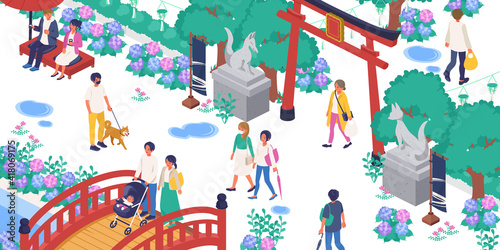 紫陽花が咲く神社と人々の生活風景(街並み、町並み)のベクターイラスト(アイソメトリック、アイソメ)	